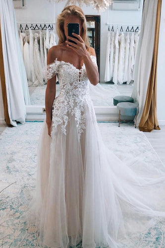 A-Line Ivory Off the Shoulder Long Wedding Dress with Lace