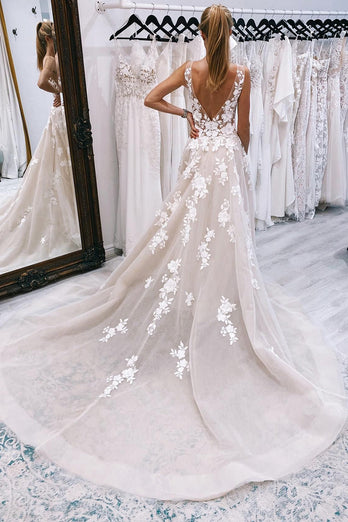 Ivory A-Line Ivory V-Neck Long Tulle Wedding Dress with Appliques