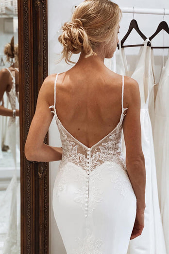 White Mermaid Lace Long Backless Wedding Dress with Button