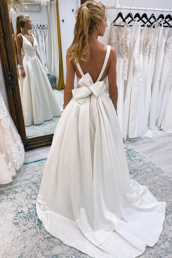 Ivory A-Line Deep V-Neck Long Wedding Dress with Bowknot