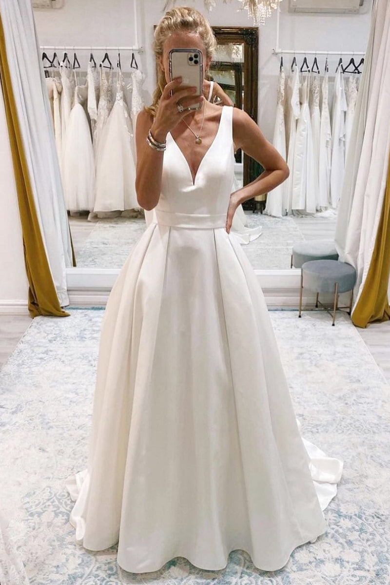 Load image into Gallery viewer, Ivory A-Line Deep V-Neck Long Wedding Dress with Bowknot