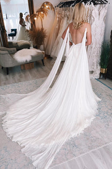 Ivory A-Line Watteau Train Boho Long Chiffon Wedding Dress with Lace