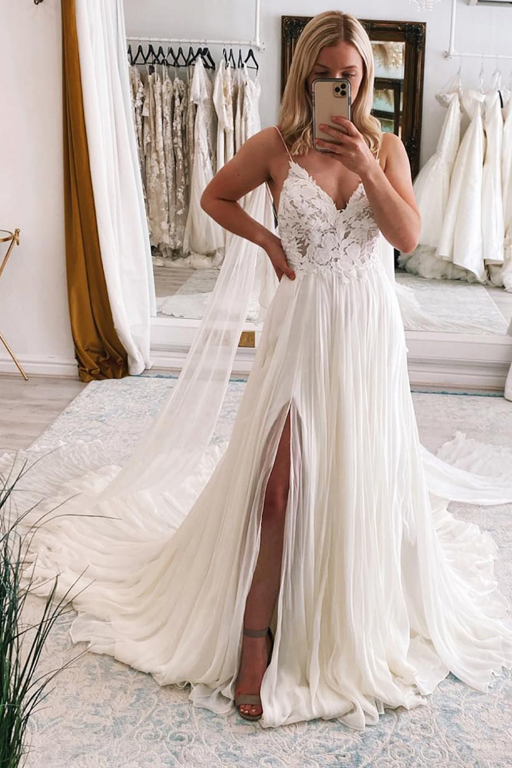 Ivory A-Line Watteau Train Boho Long Chiffon Wedding Dress with Lace