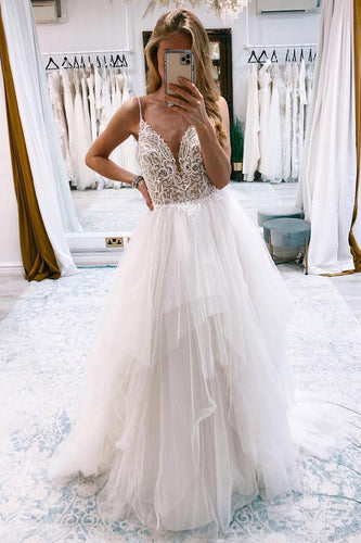 Ivory A-Line Backless Asymmetrical Tulle Long Wedding Dress with Lace
