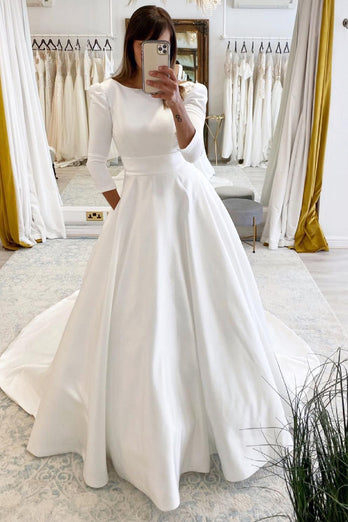 White Vintage A-Line Long Satin Wedding Dress with Pockets