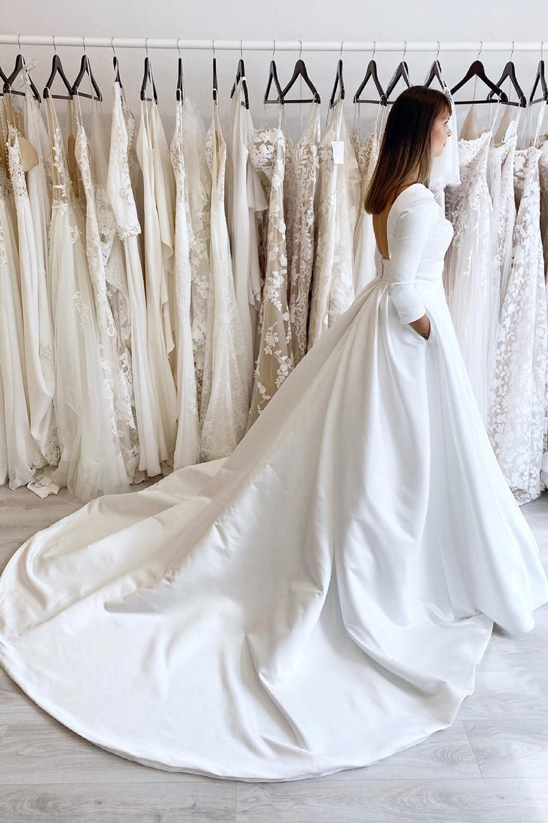 Load image into Gallery viewer, White Vintage A-Line Long Satin Wedding Dress with Pockets