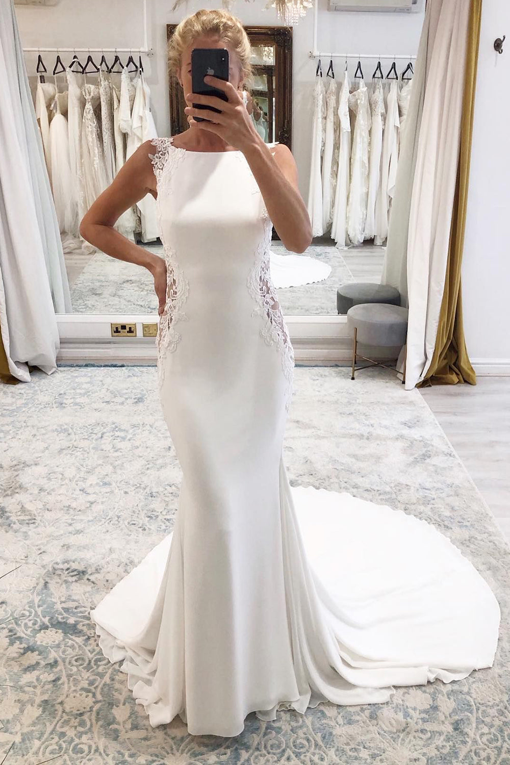 White Long Mermaid Boho Wedding Dress with Lace