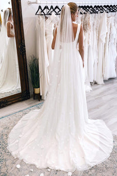 Simple White Square Neck Boho Long Chiffon Wedding Dress