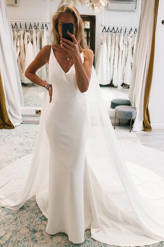 Simple White Watteau Train Boho Long Mermaid Wedding Dress