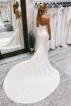 White Simple Sweep Train Boho Long Mermaid Wedding Dress