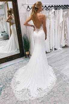 White Mermaid Sweep Train Boho Long Mermaid Wedding Dress with Lace