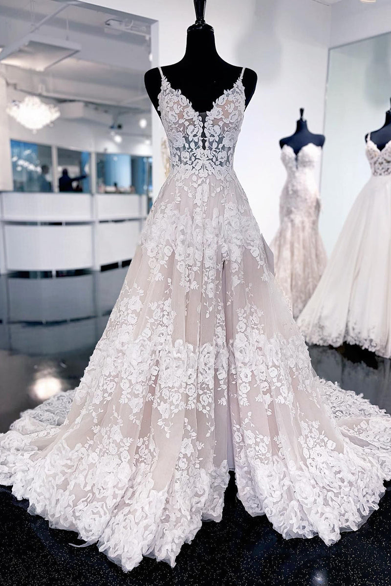 Load image into Gallery viewer, Ivory Lace A-Line Sweep Train Long Wedding Dress