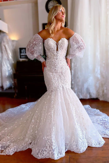 Sparkly White Mermaid Detachable Long Sleeves Lace Wedding Dress