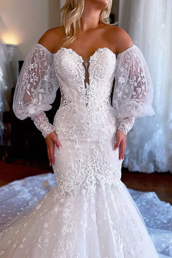 Sparkly White Mermaid Detachable Long Sleeves Lace Wedding Dress