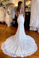 Load image into Gallery viewer, White V-Neck Sheath Long Lace Wedding Dress with Slit