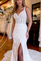 Load image into Gallery viewer, White V-Neck Sheath Long Lace Wedding Dress with Slit