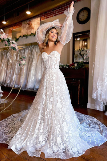 Ivory Sweetheart Corset Detachale Long Sleeves Long Lace Wedding Dress