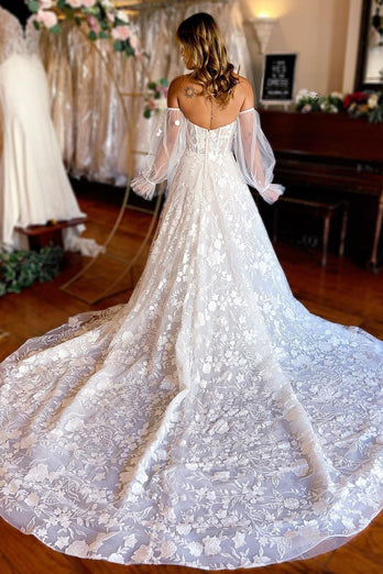 Ivory Sweetheart Corset Detachale Long Sleeves Long Lace Wedding Dress