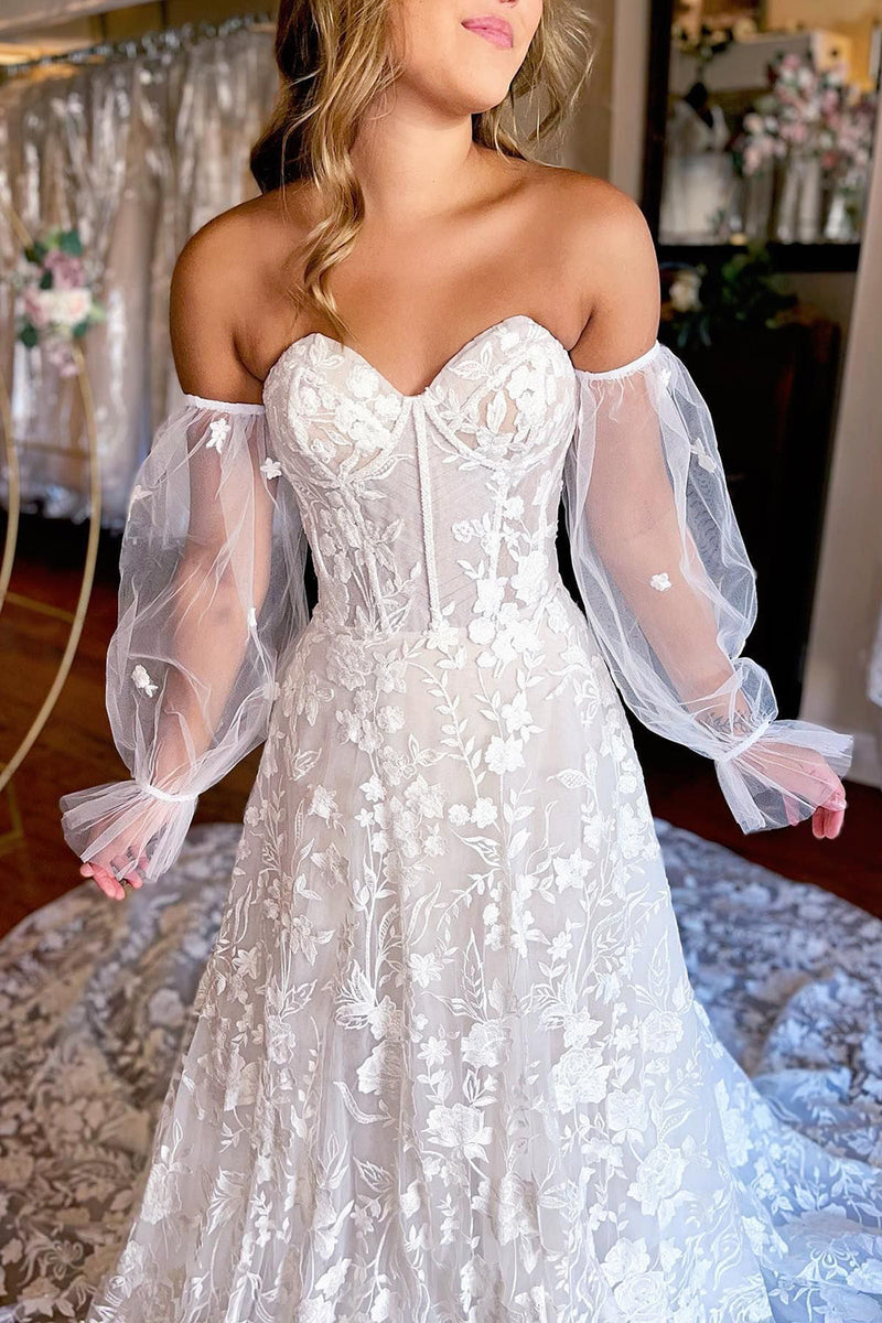 Load image into Gallery viewer, Ivory Sweetheart Corset Detachale Long Sleeves Long Lace Wedding Dress