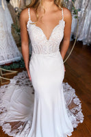 Load image into Gallery viewer, White Boho Mermaid Spaghetti Straps Long Wedding Dress with Lace