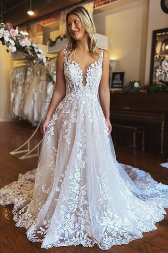 Ivory A-Line V-Neck Backless Long Lace Wedding Dress