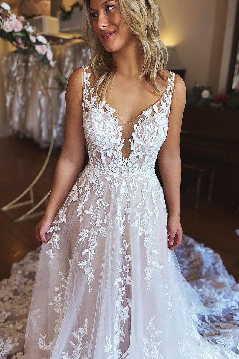 Load image into Gallery viewer, Ivory A-Line V-Neck Backless Long Lace Wedding Dress