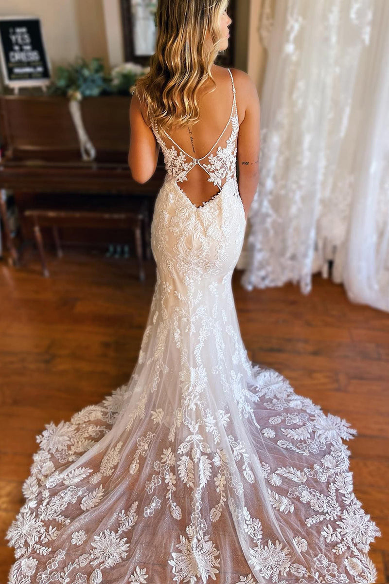 Load image into Gallery viewer, Ivory Mermaid Open Back Long Lace Wedding Dress