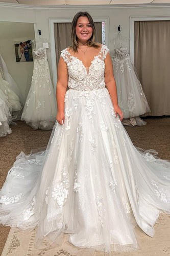 Glitter Ivory Long Tulle Plus Size Wedding Dress with Lace