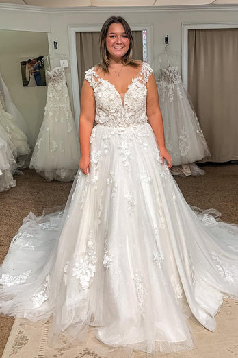 Glitter Ivory Long Tulle Plus Size Wedding Dress with Lace