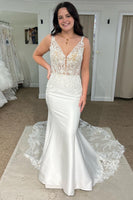 Load image into Gallery viewer, White Deep V-Neck Mermaid Long Wedding Dress with Lace