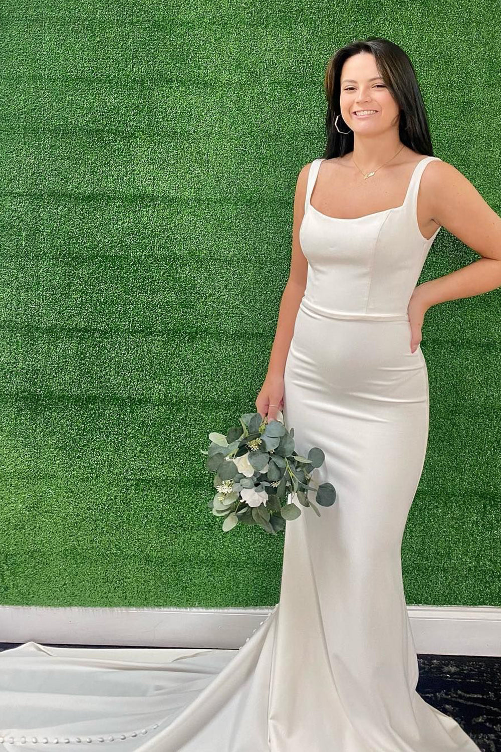 Mermaid Square Neck White Simple Long Wedding Dress with Button