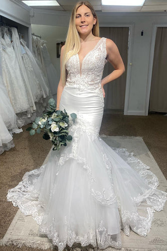 Deep V-Neck Mermaid White Long Wedding Dress with Lace