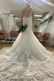 Deep V-Neck Mermaid White Long Wedding Dress with Lace