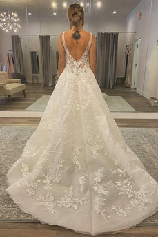 A-Line White Long Wedding Dress with Appliques