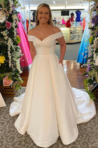 Off The Shoulder White Corset Simple Long Wedding Dress with Pockets