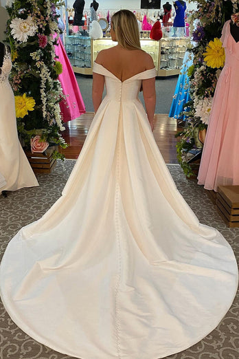 Off The Shoulder White Corset Simple Long Wedding Dress with Pockets