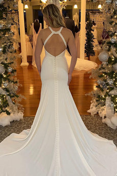 Mermaid Halter White Long Simple Wedding Dress with Button