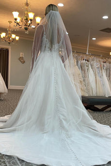 A-Line Spaghetti Straps White Long Wedding Dress with Beading