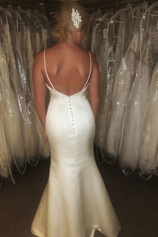 Spaghetti Straps Mermaid White Simple Long Wedding Dress with Button