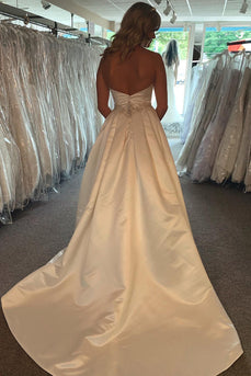 A-Line Satin Sweetheart White Long Simple Wedding Dress with Beading