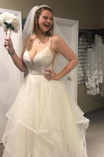 Asymmetrical Tulle Spaghetti Straps White Long Wedding Dress