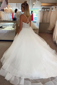 A-Line Tulle Spaghetti Straps White Corset Long Wedding Dress with Beading