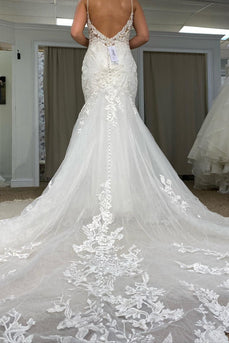 Mermaid Tulle Spaghetti Straps White Long Wedding Dress with Appliques