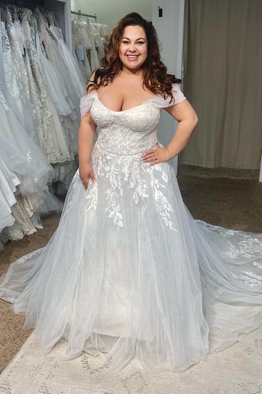 Tulle Off The Shoulder White Long Plus Size Wedding Dress with Appliques