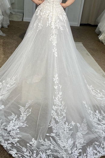 Tulle Off The Shoulder White Long Plus Size Wedding Dress with Appliques