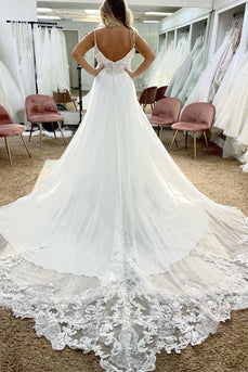 Tulle Spaghetti Straps White Long Boho Wedding Dress with Lace