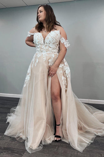 Tulle Off The Shoulder Ivory Long Plus Size Wedding Dress with Appliques