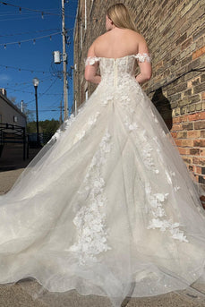 Glitter A-Line Off The Shouder White Long Wedding Dress with Appliques