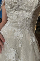 Load image into Gallery viewer, Glitter A-Line Off The Shouder White Long Wedding Dress with Appliques