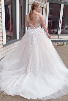A-Line Tulle Sparkly White Sequins Long Plus Size Wedding Dress with Appliques